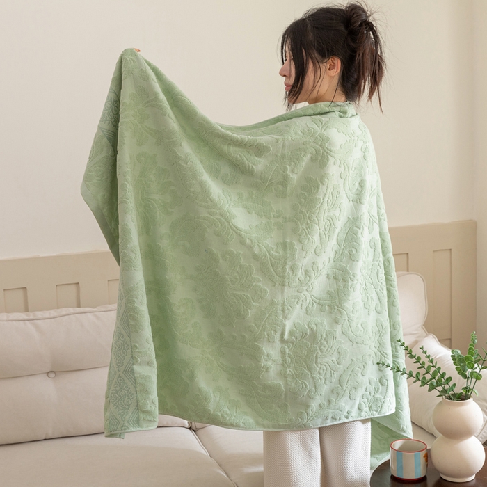 91家纺网 家纺一手货源 找家纺 乐家毛巾被（工厂自产自销） 2025新款欧雅全棉纯棉提花浴巾 绿色 90x180cm