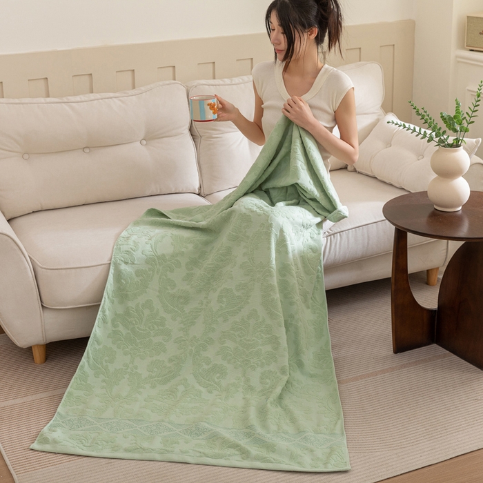 91家纺网 家纺一手货源 找家纺 乐家毛巾被（工厂自产自销） 2025新款欧雅全棉纯棉提花浴巾 绿色 90x180cm