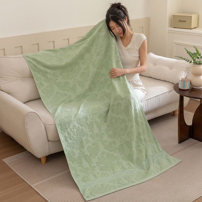 91家纺网 家纺一手货源 找家纺 乐家毛巾被（工厂自产自销） 2025新款欧雅全棉纯棉提花浴巾 绿色 90x180cm