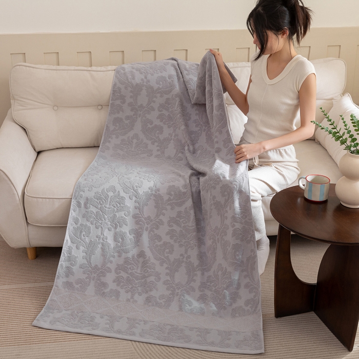 91家纺网 家纺一手货源 找家纺 乐家毛巾被（工厂自产自销） 2025新款欧雅全棉纯棉提花浴巾 灰色 70x140cm