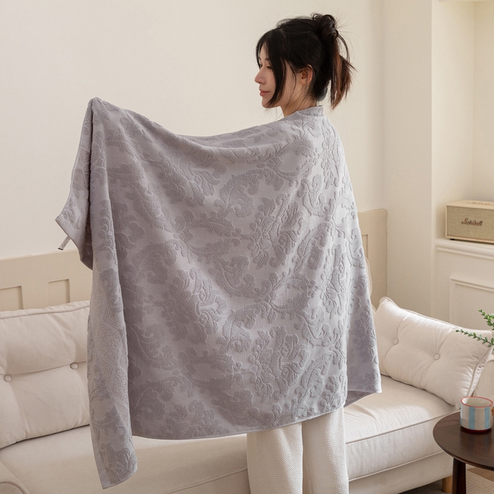 91家纺网 家纺一手货源 找家纺 乐家毛巾被（工厂自产自销） 2025新款欧雅全棉纯棉提花浴巾 灰色 70x140cm