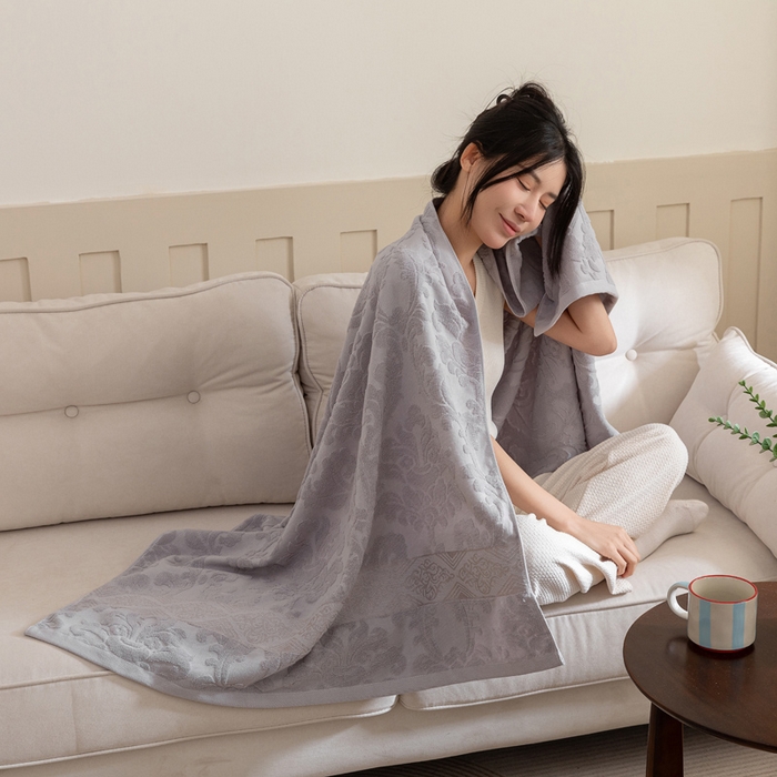 91家纺网 家纺一手货源 找家纺 乐家毛巾被（工厂自产自销） 2025新款欧雅全棉纯棉提花浴巾 灰色 90x180cm