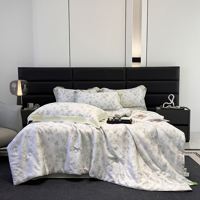 91家纺网 家纺一手货源 找家纺 （总）宜家坊 2025春夏新款莱赛尔天丝夏被嵌绳款数码印花单夏被夏被四件套单床笠单床单款