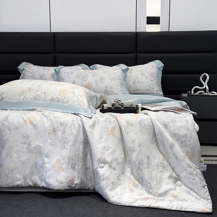 91家纺网 家纺一手货源 找家纺 （总）宜家坊 2025春夏新款莱赛尔天丝夏被嵌绳款数码印花单夏被夏被四件套单床笠单床单款