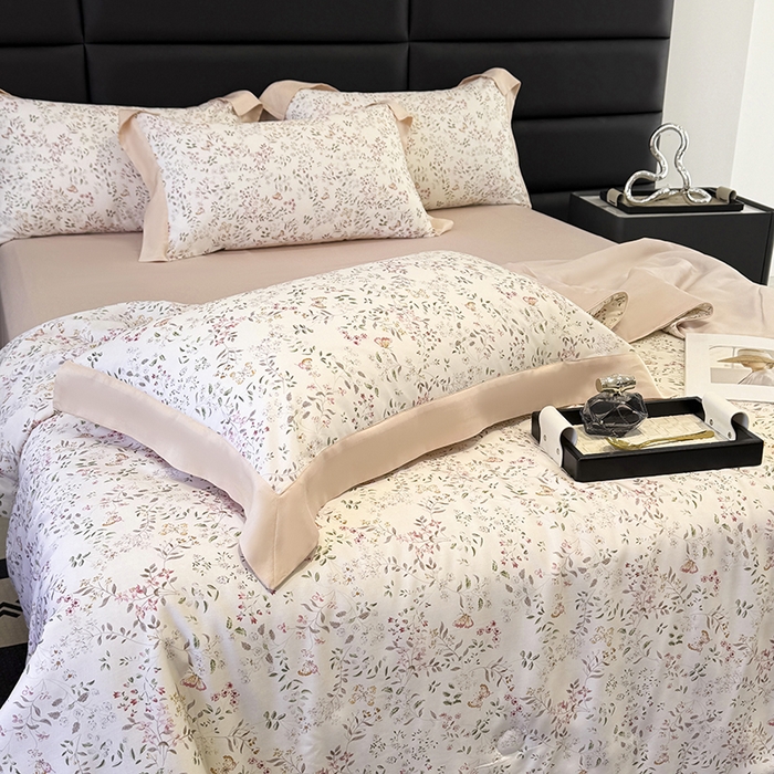 91家纺网 家纺一手货源 找家纺 宜家坊 2025春夏新款莱赛尔天丝夏被嵌绳款数码印花单夏被夏被四件套单床笠单床单款 吟禾暮