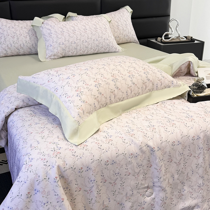 91家纺网 家纺一手货源 找家纺 宜家坊 2025春夏新款莱赛尔天丝夏被嵌绳款数码印花单夏被夏被四件套单床笠单床单款 浅知