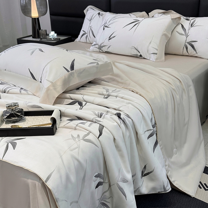 91家纺网 家纺一手货源 找家纺 宜家坊 2025春夏新款莱赛尔天丝夏被嵌绳款数码印花单夏被夏被四件套单床笠单床单款 轻蔓竹