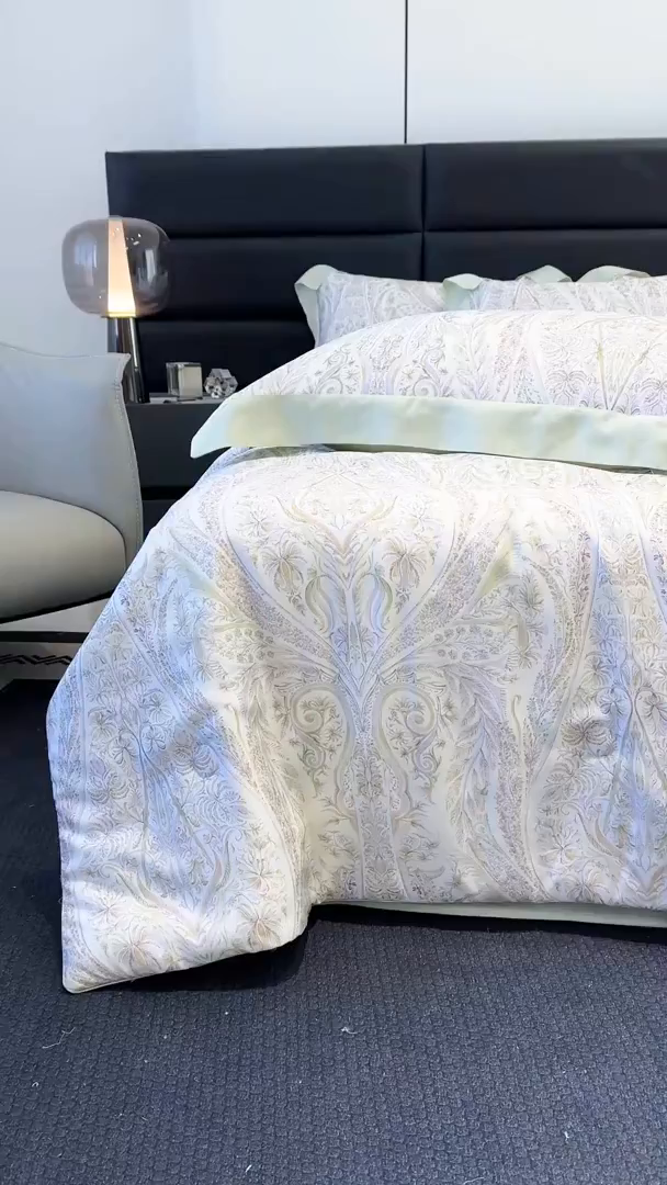 91家纺网 家纺一手货源 找家纺 宜家坊 2025春夏新款莱赛尔天丝夏被嵌绳款数码印花单夏被夏被四件套单床笠单床单款 莉格西塔