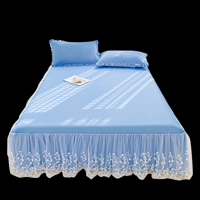 91家纺网 家纺一手货源 找家纺 LIFE.丽芙 2025春夏新款独家研发太空层凉感软席双层蕾丝边冰丝凉席床裙款 冰蓝