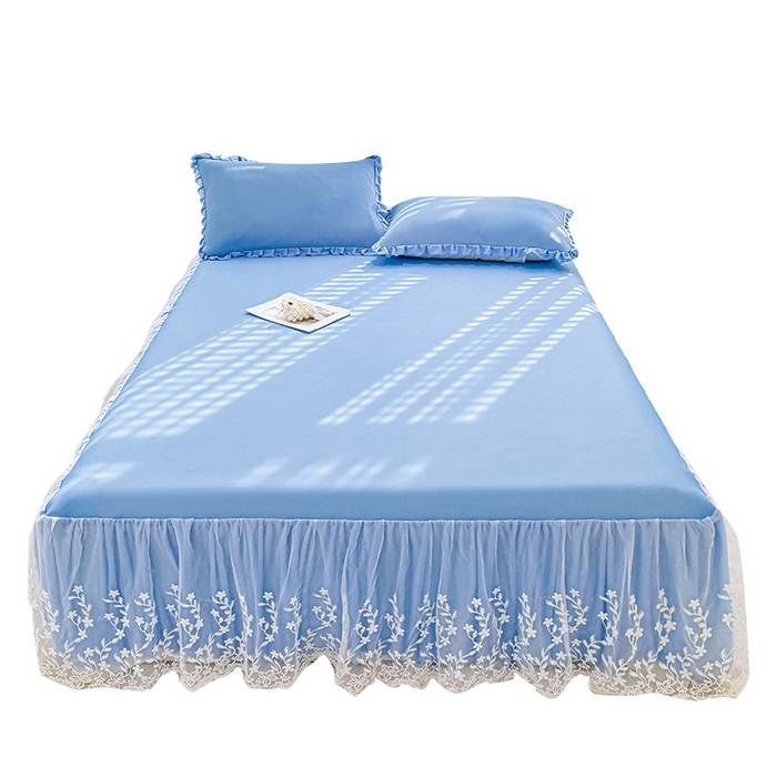 91家纺网 家纺一手货源 找家纺 LIFE.丽芙 2025春夏新款独家研发太空层凉感软席双层蕾丝边冰丝凉席床裙款 冰蓝