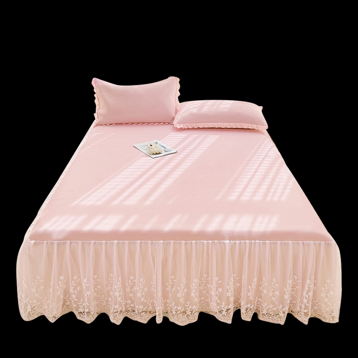 91家纺网 家纺一手货源 找家纺 LIFE.丽芙 2025春夏新款独家研发太空层凉感软席双层蕾丝边冰丝凉席床裙款 樱花粉