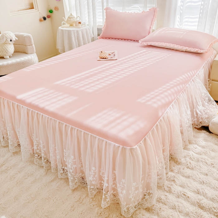 91家纺网 家纺一手货源 找家纺 LIFE.丽芙 2025春夏新款独家研发太空层凉感软席双层蕾丝边冰丝凉席床裙款 樱花粉