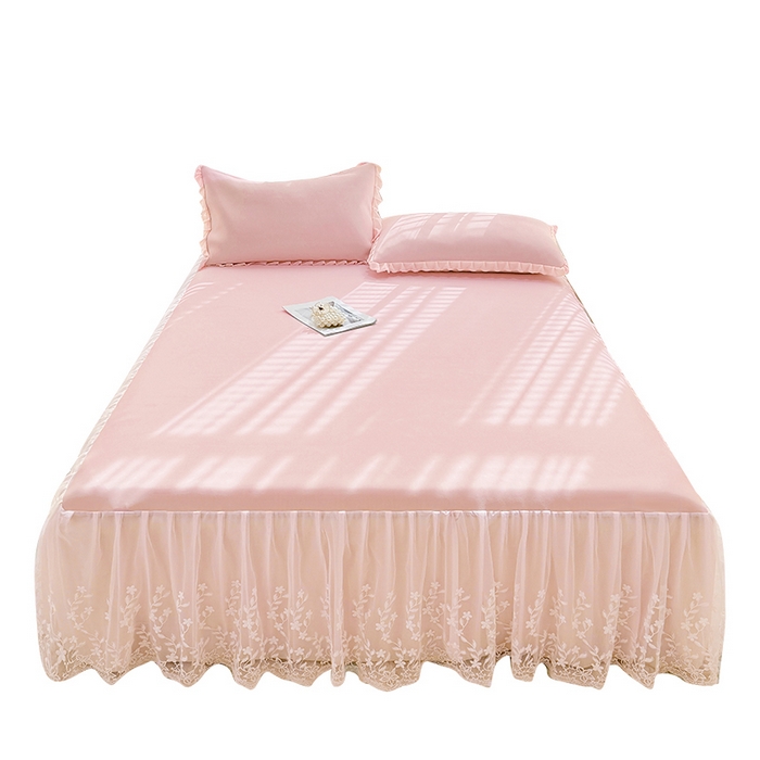 91家纺网 家纺一手货源 找家纺 LIFE.丽芙 2025春夏新款独家研发太空层凉感软席双层蕾丝边冰丝凉席床裙款 樱花粉