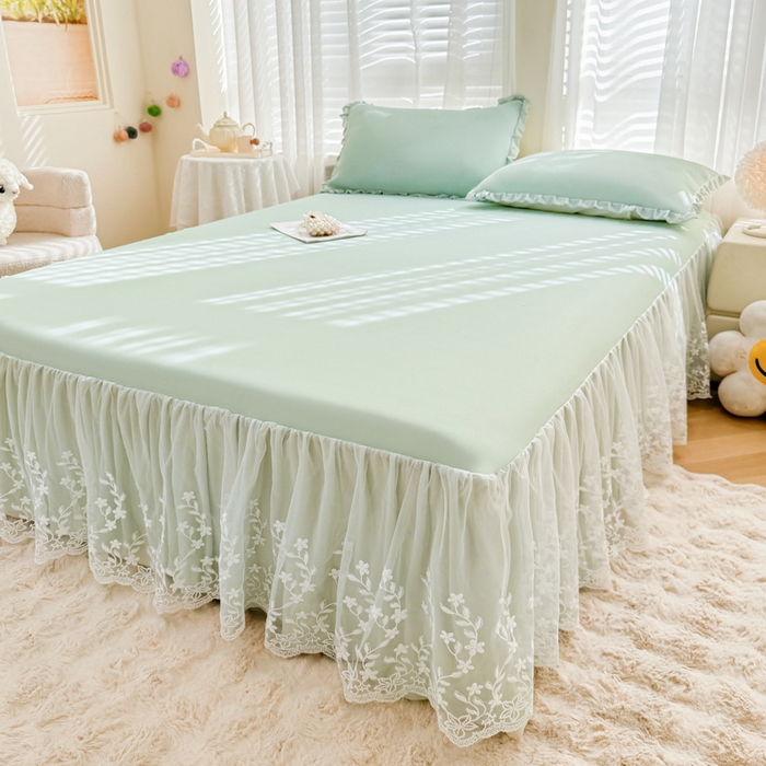 91家纺网 家纺一手货源 找家纺 LIFE.丽芙 2025春夏新款独家研发太空层凉感软席双层蕾丝边冰丝凉席床裙款 水绿