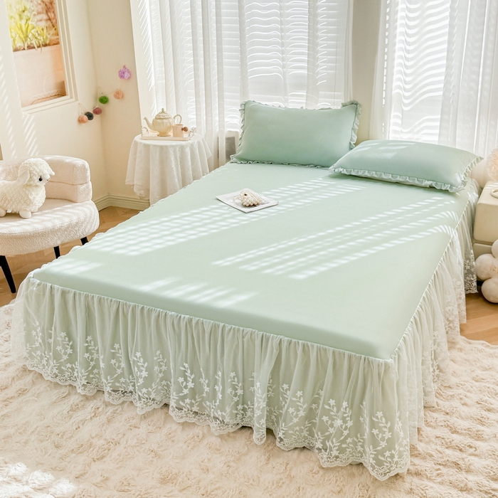 91家纺网 家纺一手货源 找家纺 LIFE.丽芙 2025春夏新款独家研发太空层凉感软席双层蕾丝边冰丝凉席床裙款 水绿