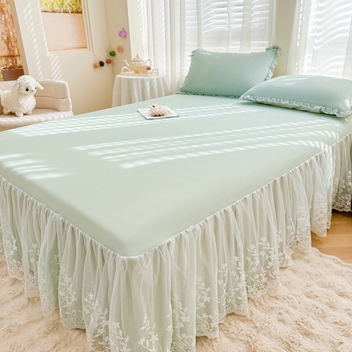 91家纺网 家纺一手货源 找家纺 LIFE.丽芙 2025春夏新款独家研发太空层凉感软席双层蕾丝边冰丝凉席床裙款 水绿