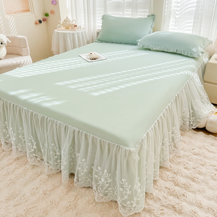 91家纺网 家纺一手货源 找家纺 LIFE.丽芙 2025春夏新款独家研发太空层凉感软席双层蕾丝边冰丝凉席床裙款 水绿