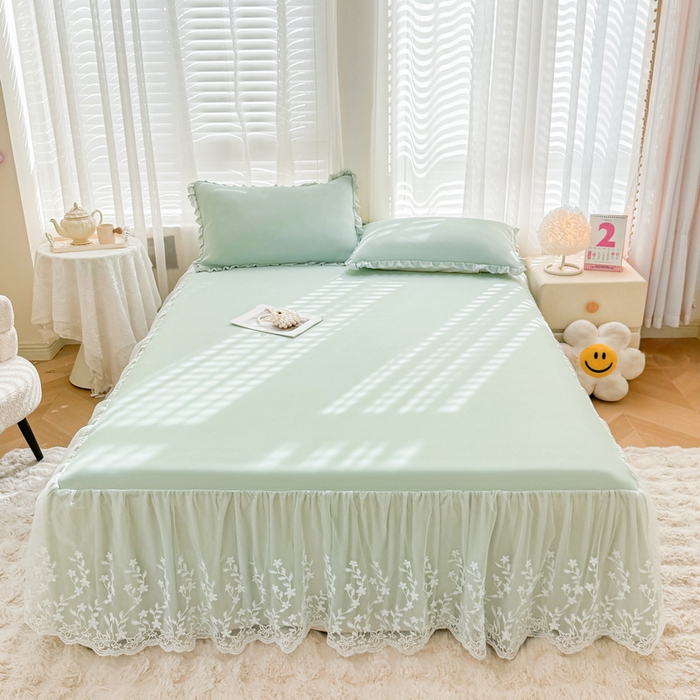 91家纺网 家纺一手货源 找家纺 LIFE.丽芙 2025春夏新款独家研发太空层凉感软席双层蕾丝边冰丝凉席床裙款 水绿