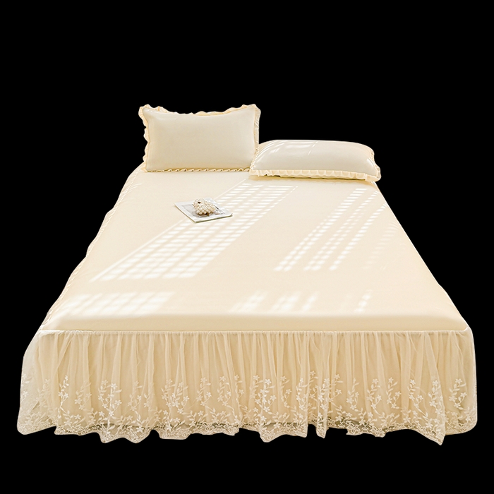 91家纺网 家纺一手货源 找家纺 LIFE.丽芙 2025春夏新款独家研发太空层凉感软席双层蕾丝边冰丝凉席床裙款 奶昔黄