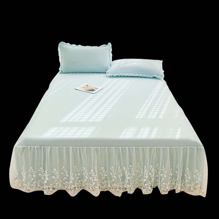 91家纺网 家纺一手货源 找家纺 LIFE.丽芙 2025春夏新款独家研发太空层凉感软席双层蕾丝边冰丝凉席床裙款 浅兰