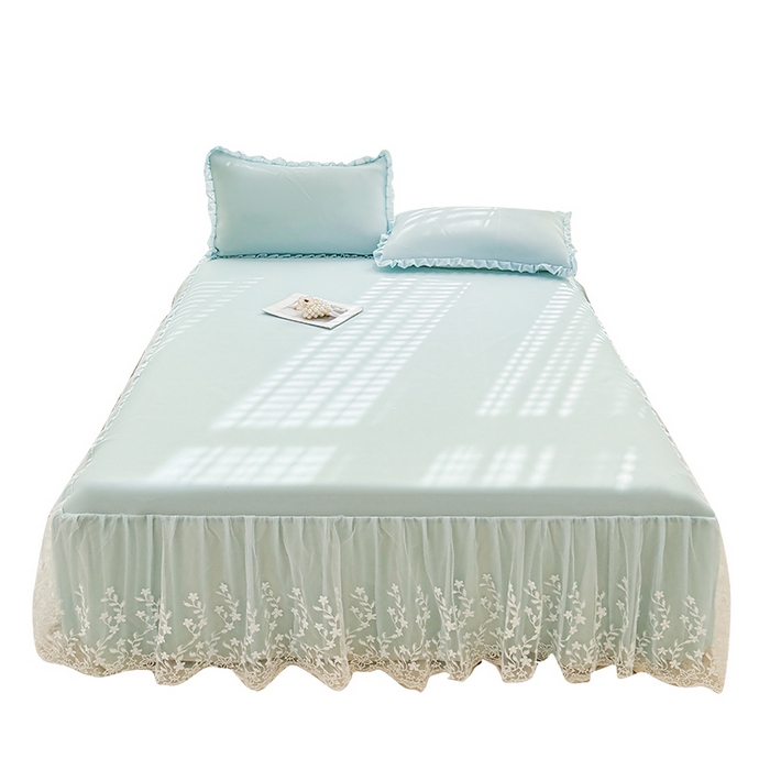 91家纺网 家纺一手货源 找家纺 LIFE.丽芙 2025春夏新款独家研发太空层凉感软席双层蕾丝边冰丝凉席床裙款 浅兰