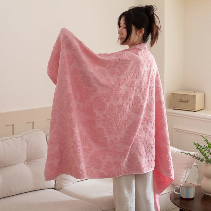 91家纺网 家纺一手货源 找家纺 乐家毛巾被（工厂自产自销） 2025新款欧雅全棉纯棉提花浴巾 豆沙 70x140cm