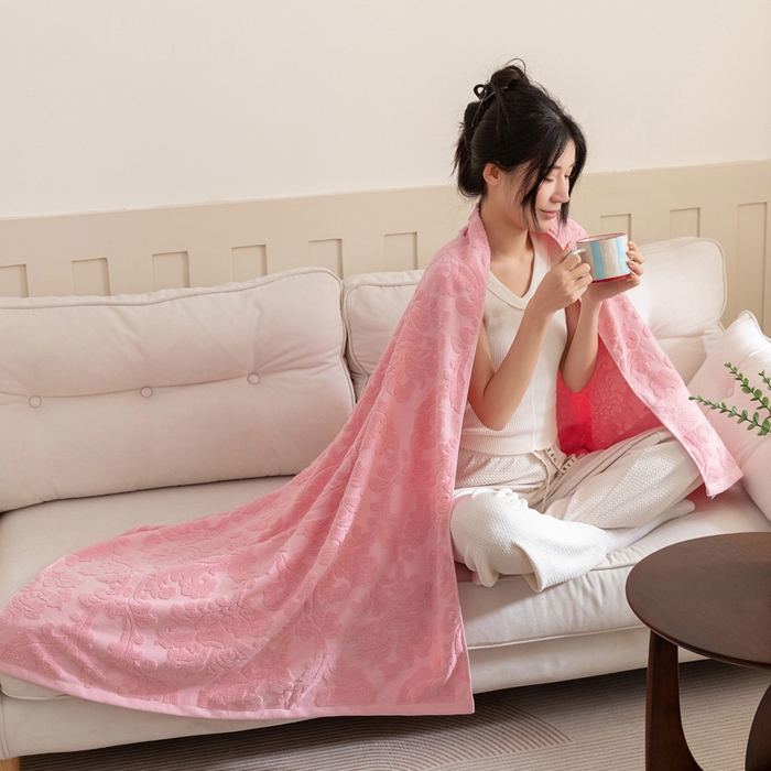 91家纺网 家纺一手货源 找家纺 乐家毛巾被（工厂自产自销） 2025新款欧雅全棉纯棉提花浴巾 豆沙 70x140cm