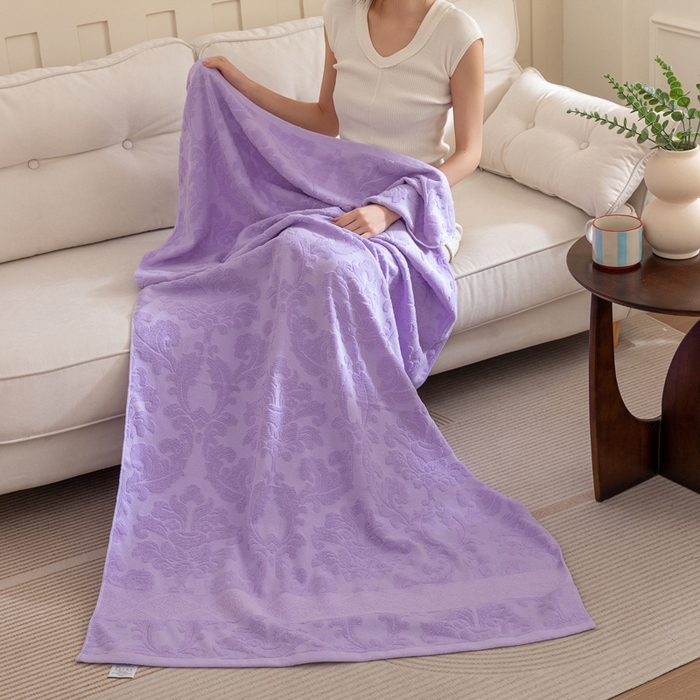 91家纺网 家纺一手货源 找家纺 乐家毛巾被（工厂自产自销） 2025新款欧雅全棉纯棉提花浴巾 紫色 70x140cm