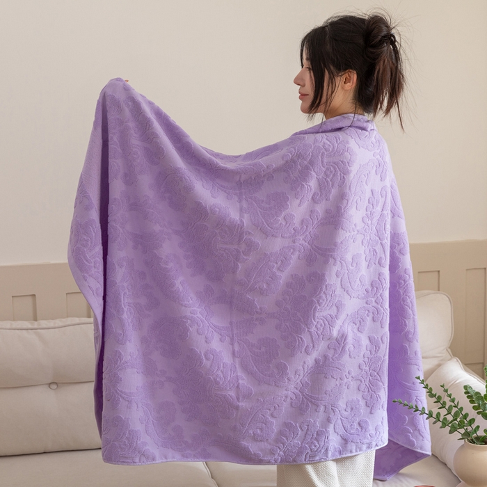 91家纺网 家纺一手货源 找家纺 乐家毛巾被（工厂自产自销） 2025新款欧雅全棉纯棉提花浴巾 紫色 70x140cm