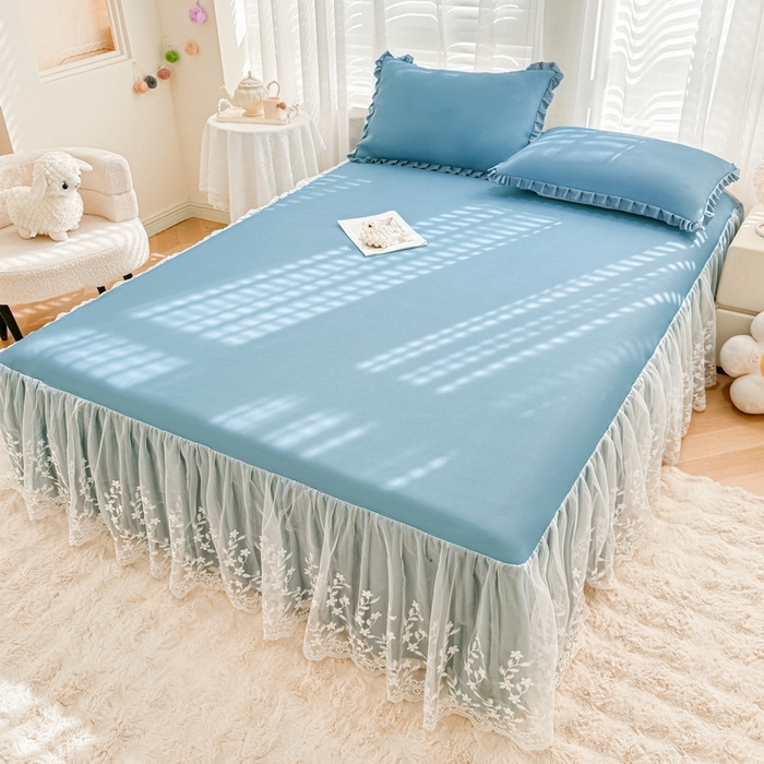 91家纺网 家纺一手货源 找家纺 LIFE.丽芙 2025春夏新款独家研发太空层凉感软席双层蕾丝边冰丝凉席床裙款 宾利蓝