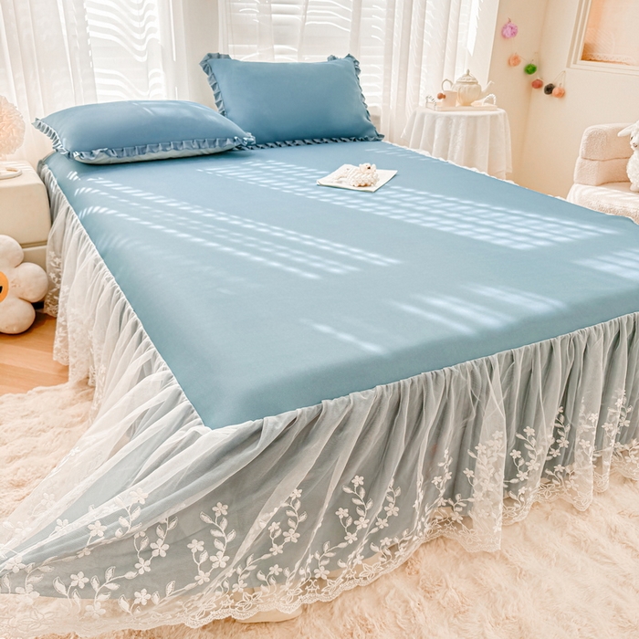 91家纺网 家纺一手货源 找家纺 LIFE.丽芙 2025春夏新款独家研发太空层凉感软席双层蕾丝边冰丝凉席床裙款 宾利蓝