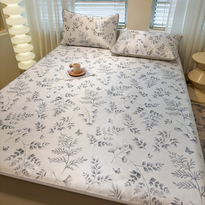 91家纺网 家纺一手货源 找家纺 LIFE.丽芙 2025春夏季新品数码印花冰藤凉席席子床笠三件套加厚冰丝软藤席小清新印花床罩单件（风格二） 水墨叶