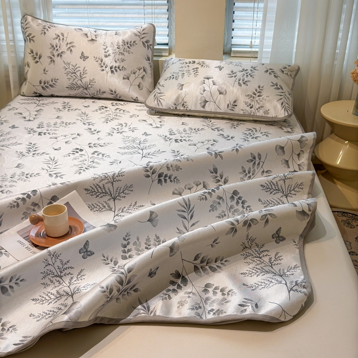 91家纺网 家纺一手货源 找家纺 LIFE.丽芙 2025春夏季新品数码印花冰藤凉席席子床笠三件套加厚冰丝软藤席小清新印花床罩单件（风格二） 水墨叶