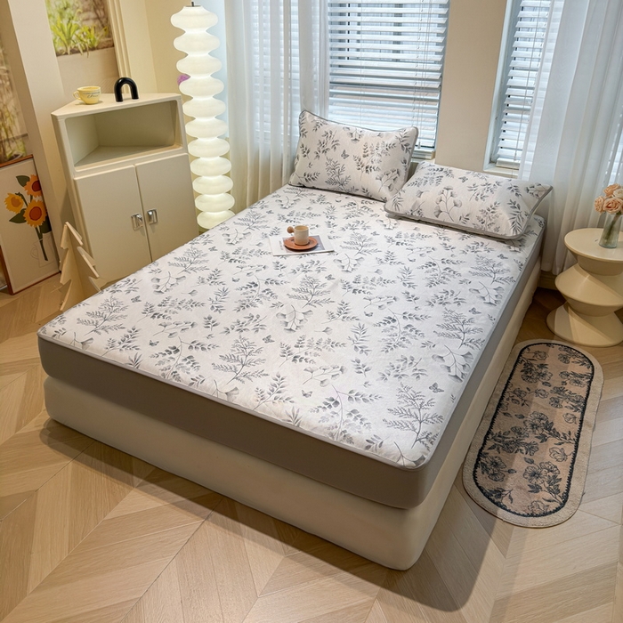 91家纺网 家纺一手货源 找家纺 LIFE.丽芙 2025春夏季新品数码印花冰藤凉席席子床笠三件套加厚冰丝软藤席小清新印花床罩单件（风格二） 水墨叶