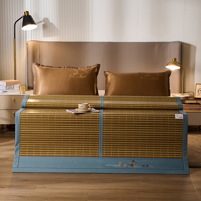 91家纺网 家纺一手货源 找家纺 鑫琪莱家纺 2025新款双面竹席冰丝席竹凉席学生宿舍席子 艾草木纹-翡翠-