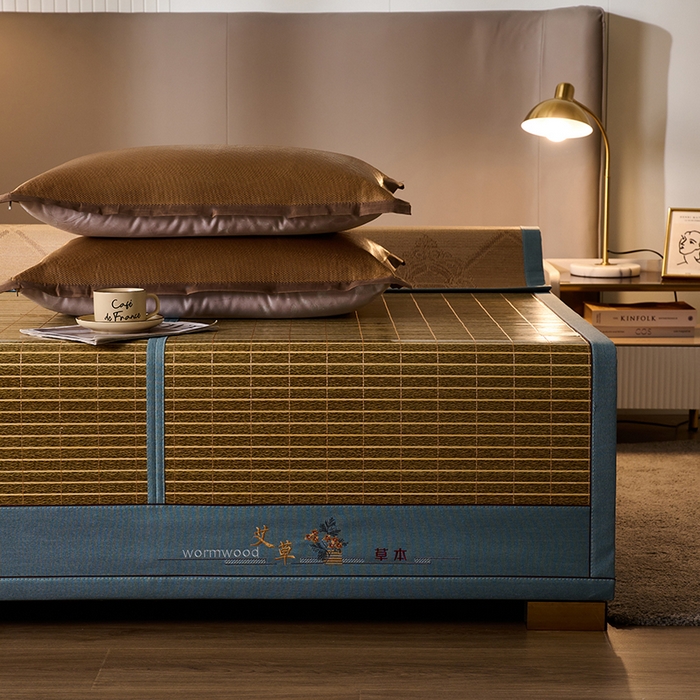 91家纺网 家纺一手货源 找家纺 鑫琪莱家纺 2025新款双面竹席冰丝席竹凉席学生宿舍席子 艾草木纹-翡翠-