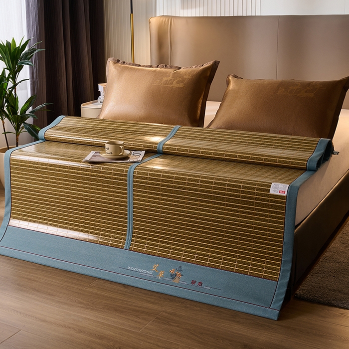 91家纺网 家纺一手货源 找家纺 鑫琪莱家纺 2025新款双面竹席冰丝席竹凉席学生宿舍席子 艾草木纹-翡翠-