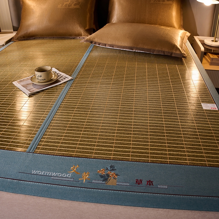 91家纺网 家纺一手货源 找家纺 鑫琪莱家纺 2025新款双面竹席冰丝席竹凉席学生宿舍席子 艾草木纹-翡翠-