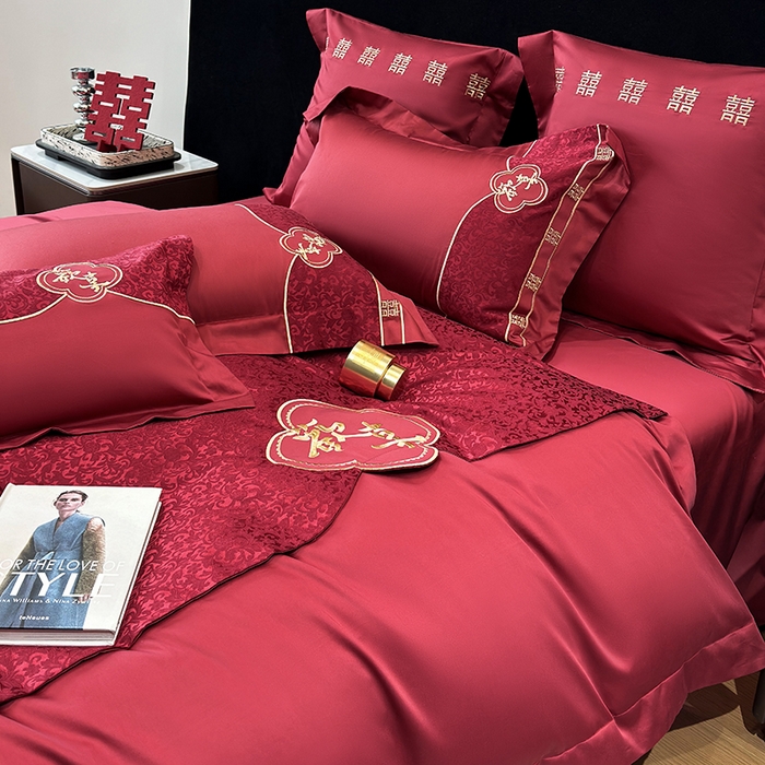 91家纺网 家纺一手货源 找家纺 2025新款婚庆四件套亲肤棉刺绣磨毛婚庆四件套 禧时