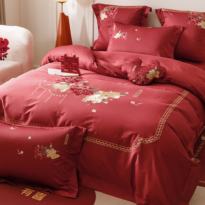 91家纺网 家纺一手货源 找家纺 2025新款婚庆四件套亲肤棉刺绣磨毛婚庆四件套 吉祥如意