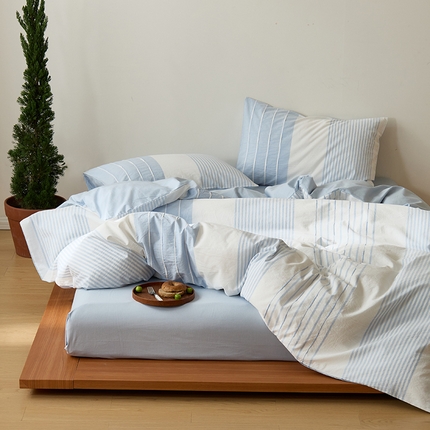 猪先生家纺 2025新款全棉色织提花水洗棉条纹四件套纯棉床单被套学生宿舍三件套床上用品 嫩蓝