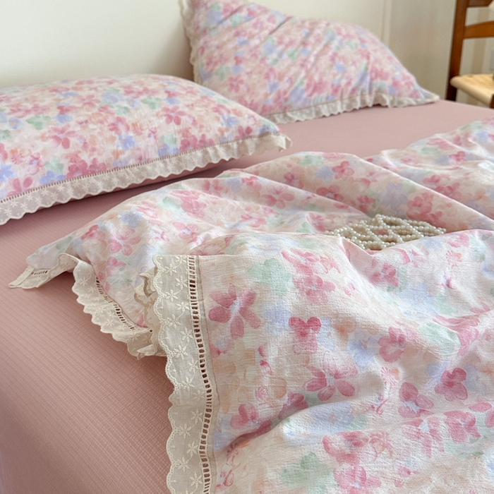 91家纺网 家纺一手货源 找家纺 一霖家纺 2025新款云感双层纱花边款四件套 十里桃花