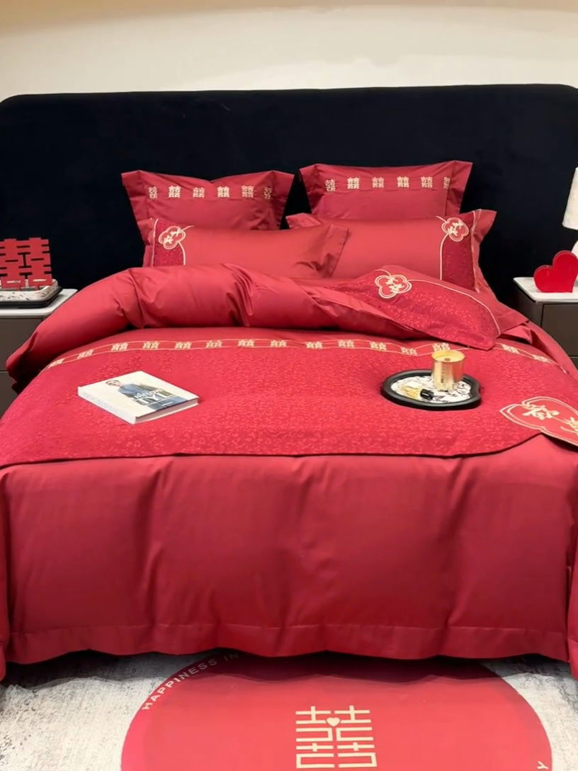 91家纺网 家纺一手货源 找家纺 （总）2025新款婚庆四件套亲肤棉刺绣磨毛婚庆四件套