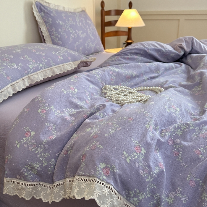 91家纺网 家纺一手货源 找家纺 一霖家纺 2025新款云感双层纱花边款四件套 紫韵