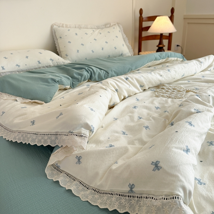 91家纺网 家纺一手货源 找家纺 一霖家纺 2025新款云感双层纱花边款四件套 蝴蝶结