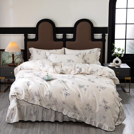 木兰花2025新款全棉印花法式韩版花边夹棉床盖床裙款四件套 苏菲