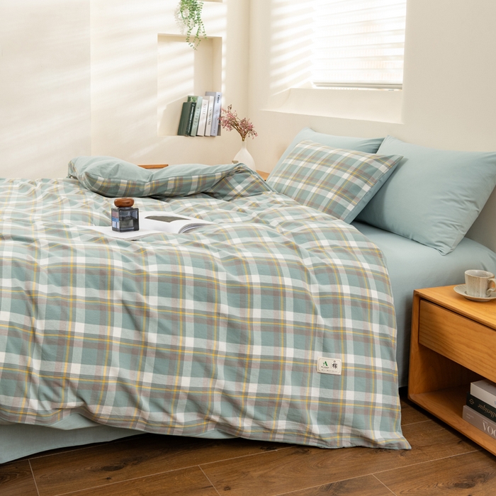 91家纺网 家纺一手货源 找家纺 居美良品 2025新款100%全棉色织水洗棉四件套 静雅-绿