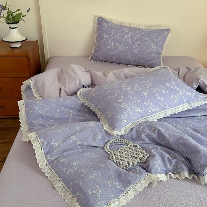 91家纺网 家纺一手货源 找家纺 一霖家纺 2025新款云感双层纱花边款四件套 紫韵