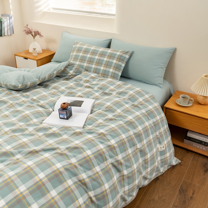 91家纺网 家纺一手货源 找家纺 居美良品 2025新款100%全棉色织水洗棉四件套 静雅-绿