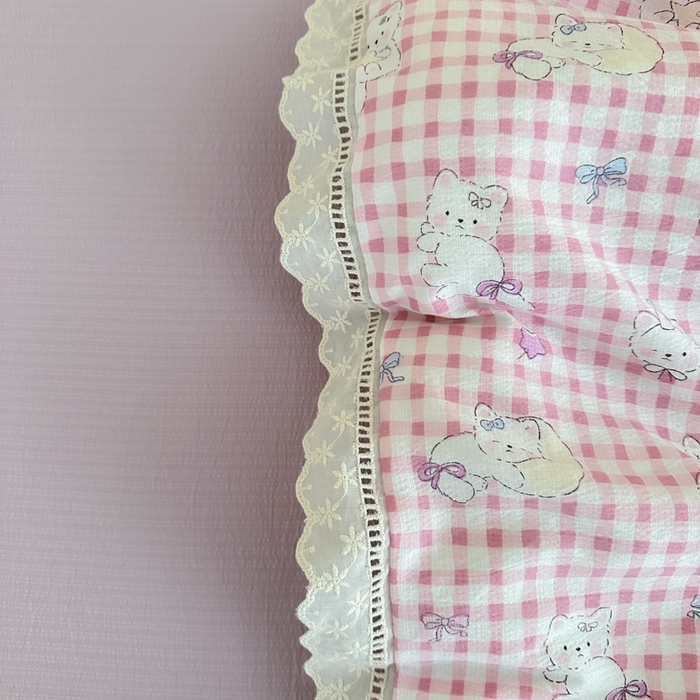 91家纺网 家纺一手货源 找家纺 一霖家纺 2025新款云感双层纱花边款四件套 粉色小猫